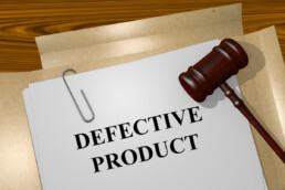 files for a defective product next to a judge's gavel